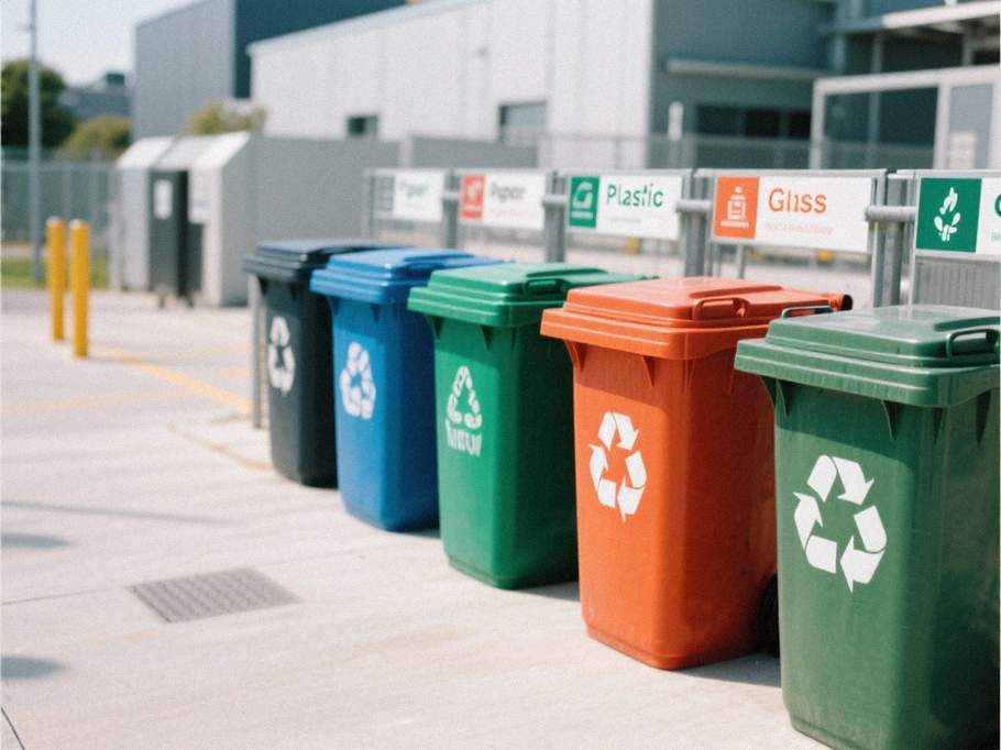 Billede af forskellige genbrugsbeholdere til papir, plast og glas